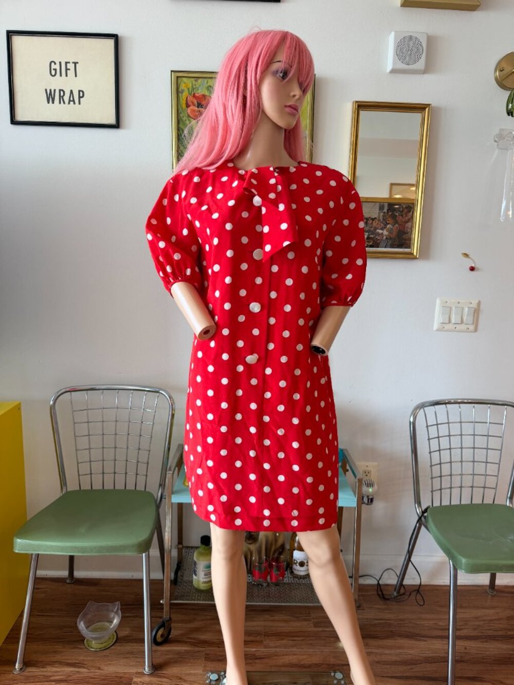 AKRIS Switzerland Designer Red Silk Polka Dot Bow Tie Shift Dress M